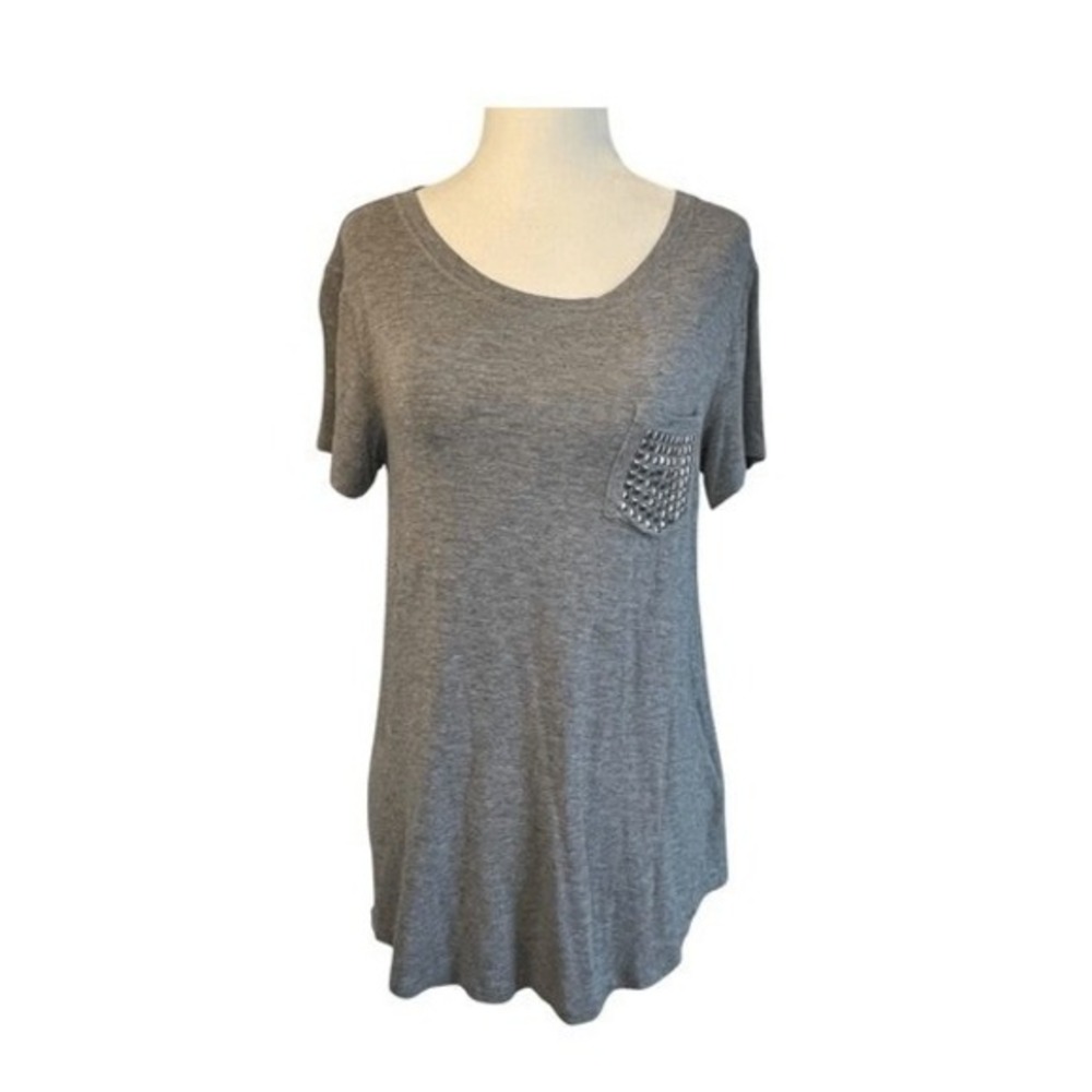 DKNY Studded Pocket Tee Gray Silver Rayon Knit Scoop Neck Short Sleeves S
